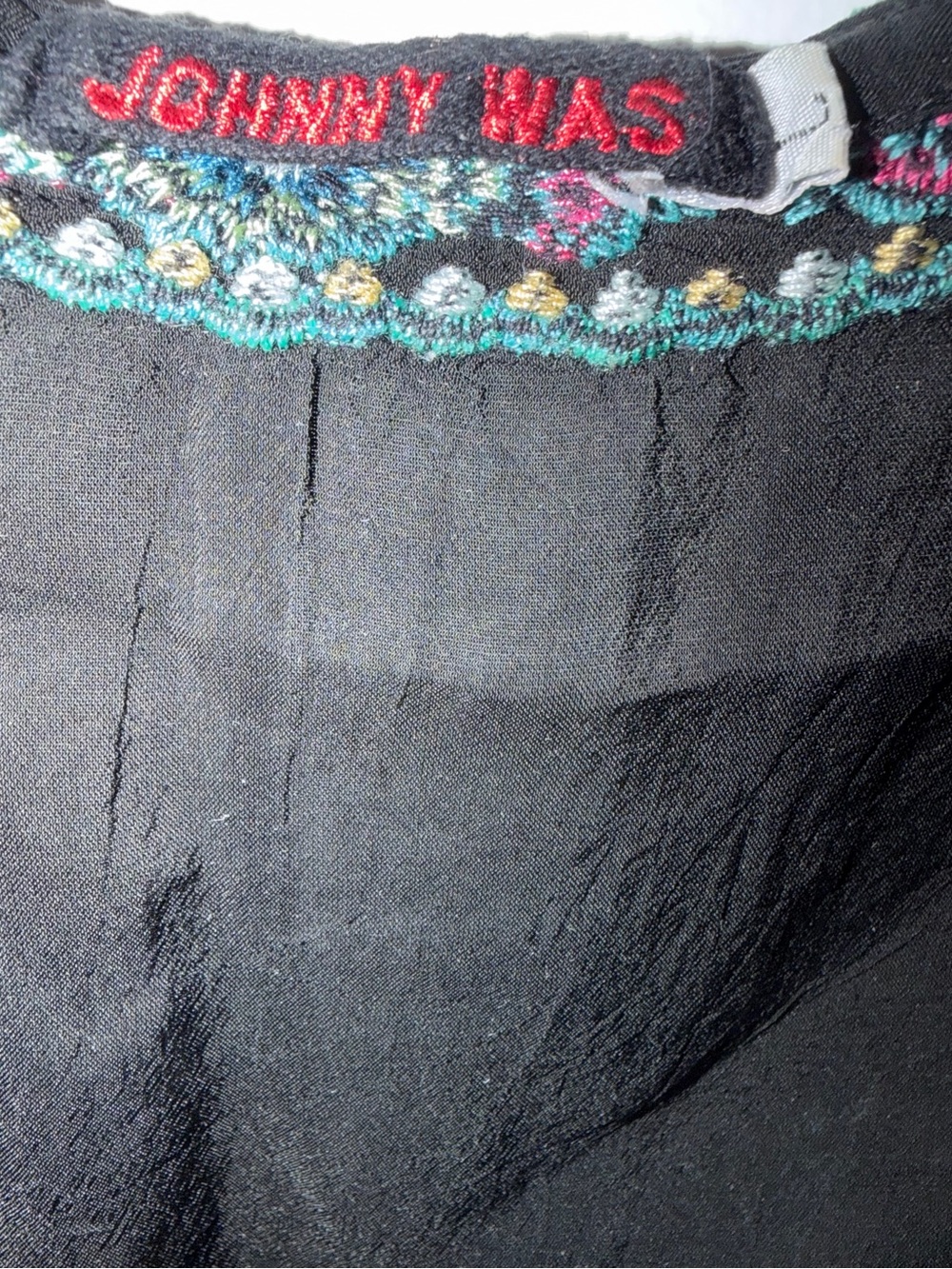 Johnny Was Black Sheer Floral Embroidered V-Neck 3/4 Sleeve Tunic Sz L - Picture 4 of 7